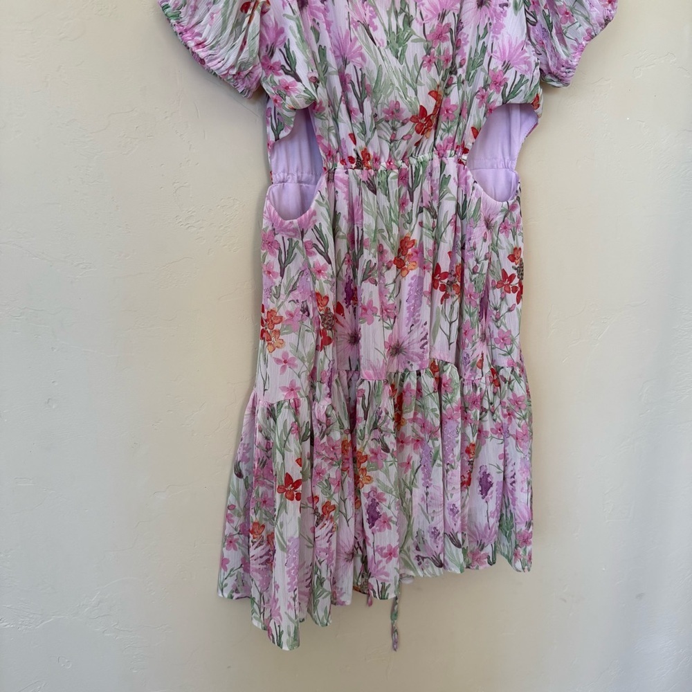 Pink Floral Mini Dress Puff Sleeve Cut Out Taylor Size 10 Romantic - Picture 5 of 6